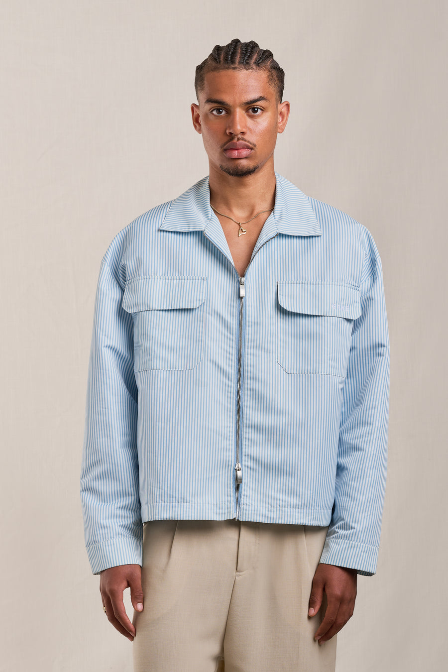 Striped Zip Overshirt - Sky Blue