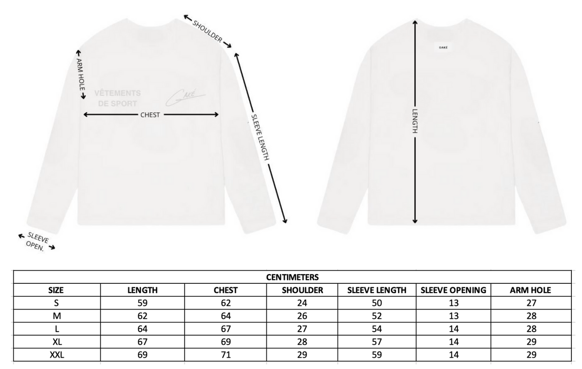 Size chart – Classic VDS Signature Long Sleeve Vintage White
